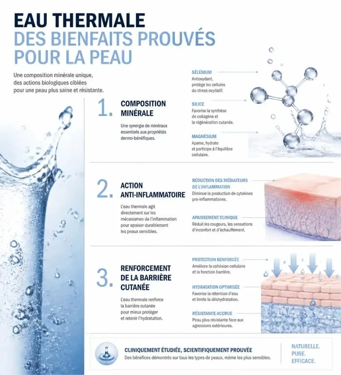 Infographie des bienfaits de l'eau thermale sur la peau et ses propriétés minérales