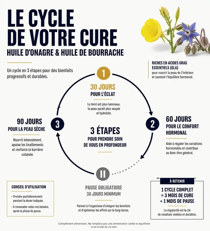 Infographie sur la durée idéale d'une cure d'onagre et bourrache pour la peau et le confort féminin