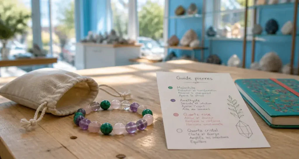 France minéraux : bracelet pierres naturelles (malachite, améthyste) en atelier