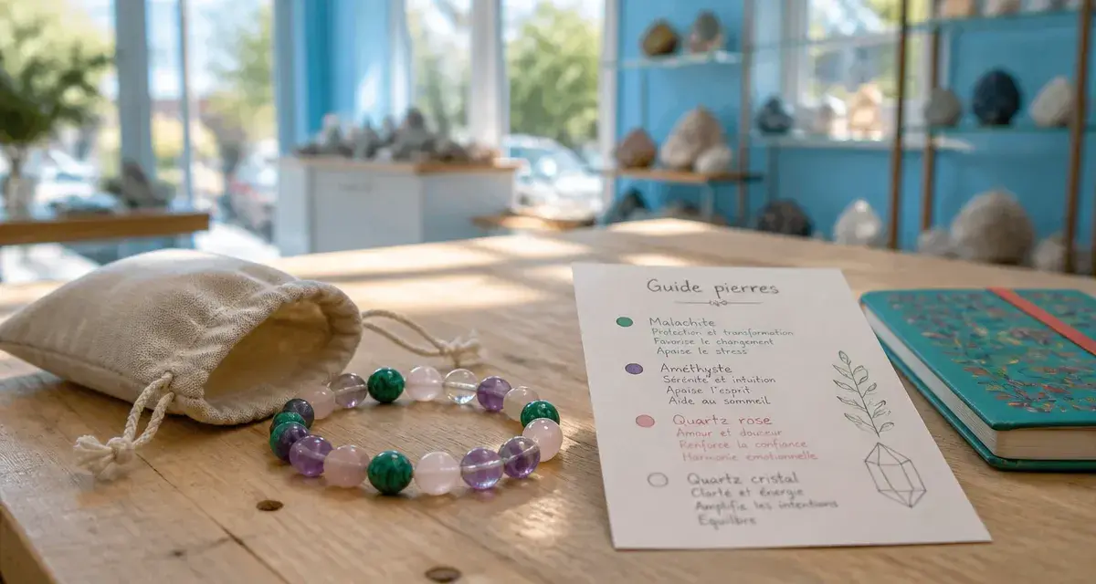 France minéraux : bracelet pierres naturelles (malachite, améthyste) en atelier
