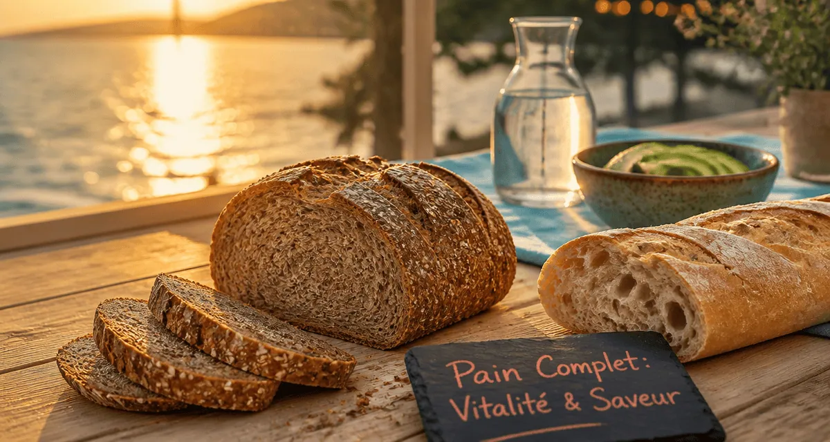 Pain complet bienfait sur table, contraste avec baguette