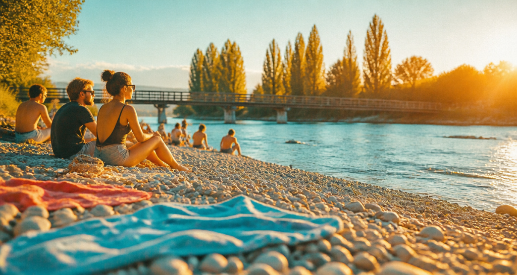 plage feyssine galets rhône au coucher du soleil