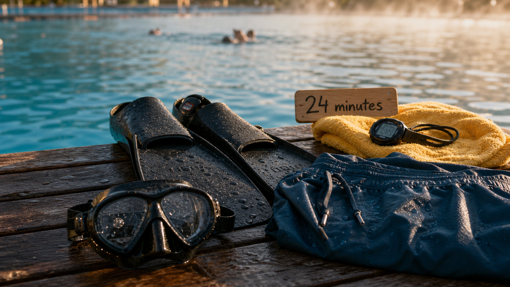 record apnée 24 min : palmes et chronomètre au bord du bassin