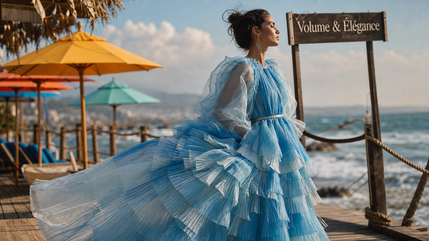Robe volumineuse et élégante sur terrasse, tulle et organza au bord de l’eau