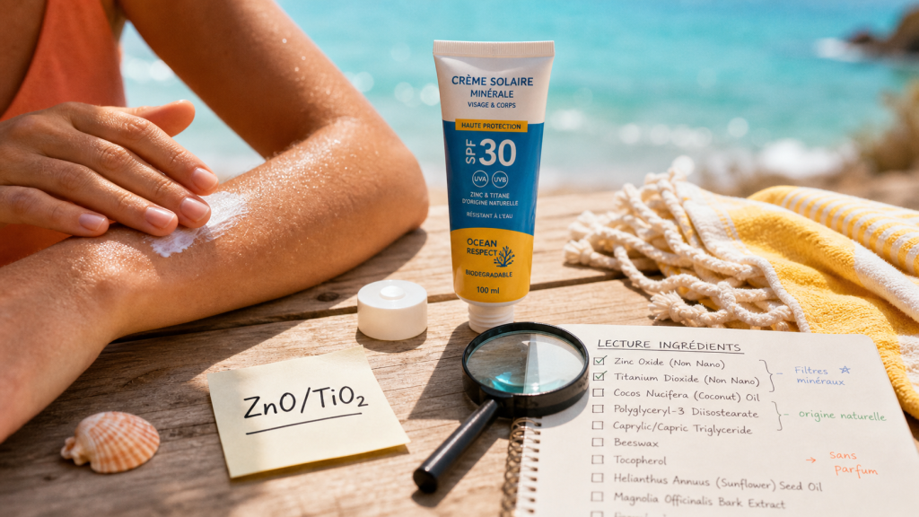 Biodegradable sunblock avec ZnO/TiO2, loupe et ingrédients sur table de plage