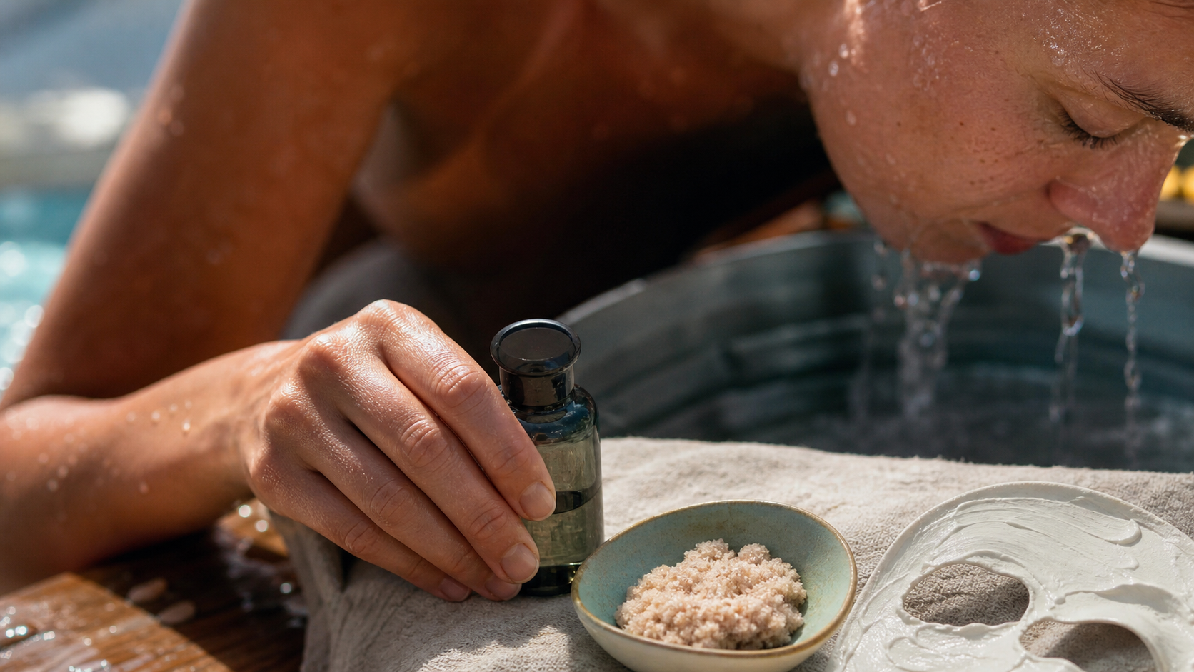 Exfoliant définition : gommage et peeling sans confusion, flacon et masque sur serviette près de l’eau