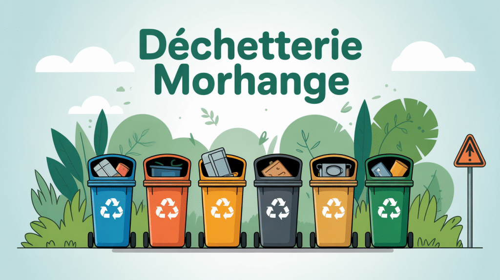 Vue stylisée de la déchetterie Morhange avec conteneurs, verdure, véhicules