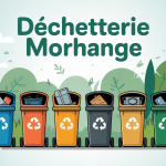 Vue stylisée de la déchetterie Morhange avec conteneurs, verdure, véhicules