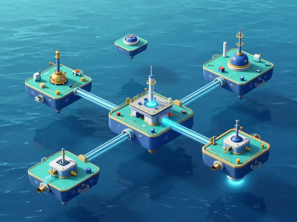 deep offshore technology : schéma concept de plateformes flottantes et architecture subsea