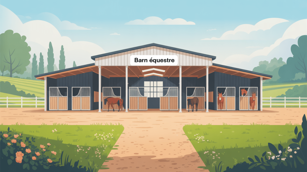 Illustration des barns équestres modernes, allée centrale et environnement rural