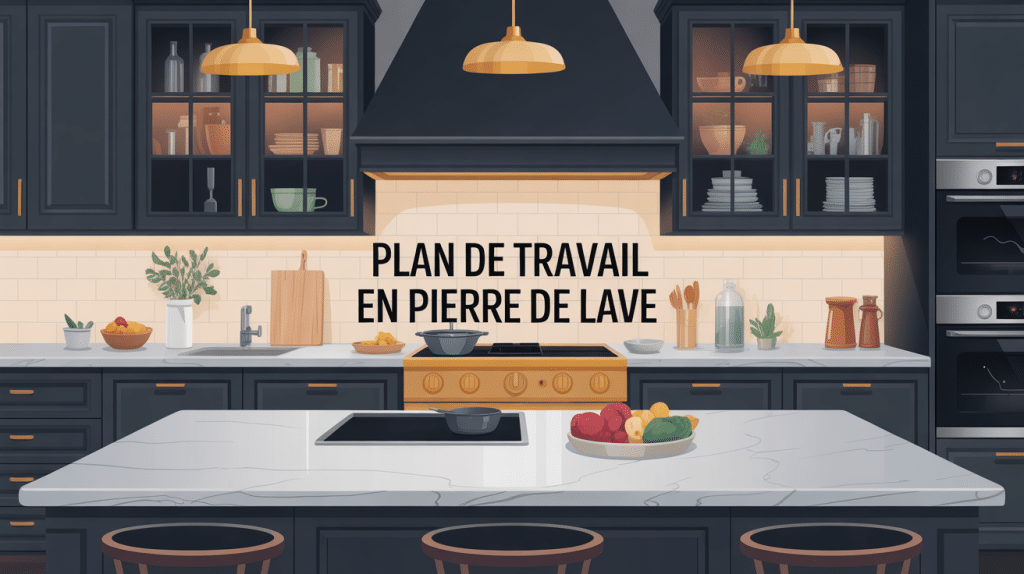 pierre de lave plan de travail sur îlot central cuisine moderne
