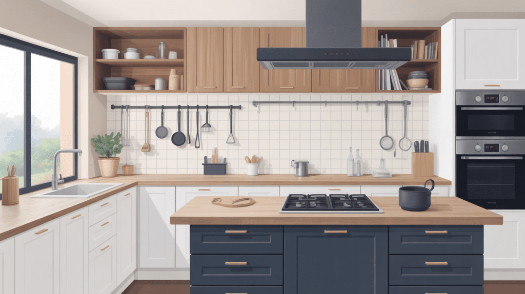 Illustration fixation plan de travail suspendu solide technique et esthétique