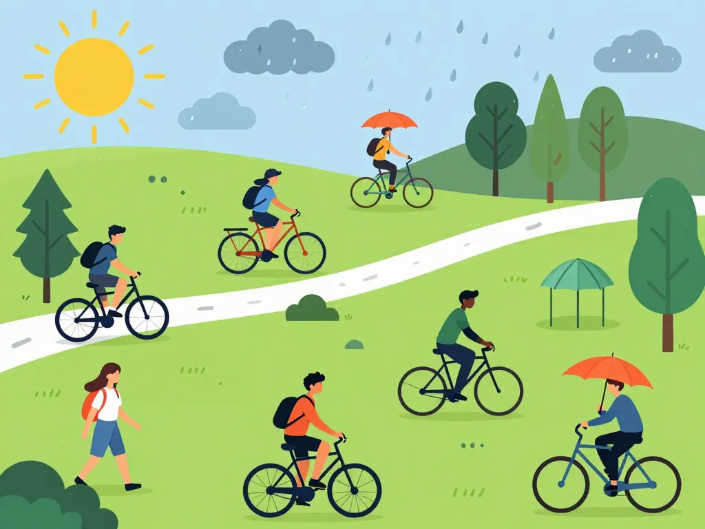 Scène activités extérieures sous pluies éparses