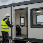 Ouvrier ouvre un bungalow préfabriqué sur chantier