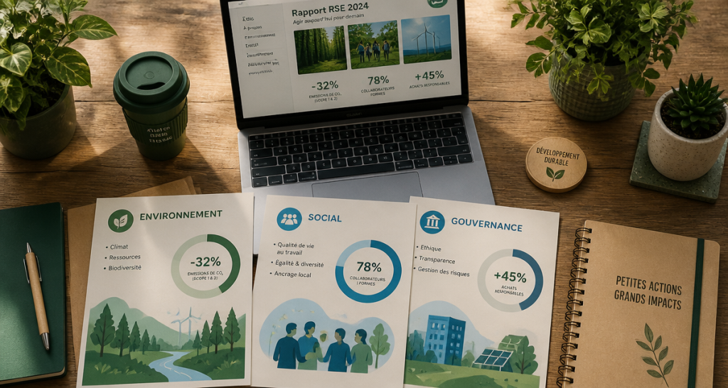 bureau entreprise du développement durable avec documents et ordinateur