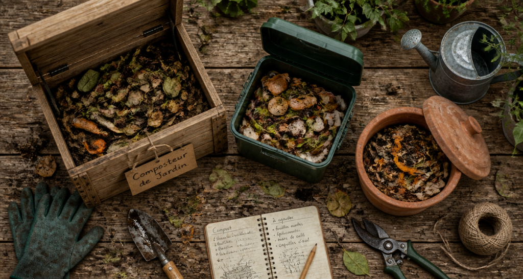 composteur jardin trois modèles sur plan de travail