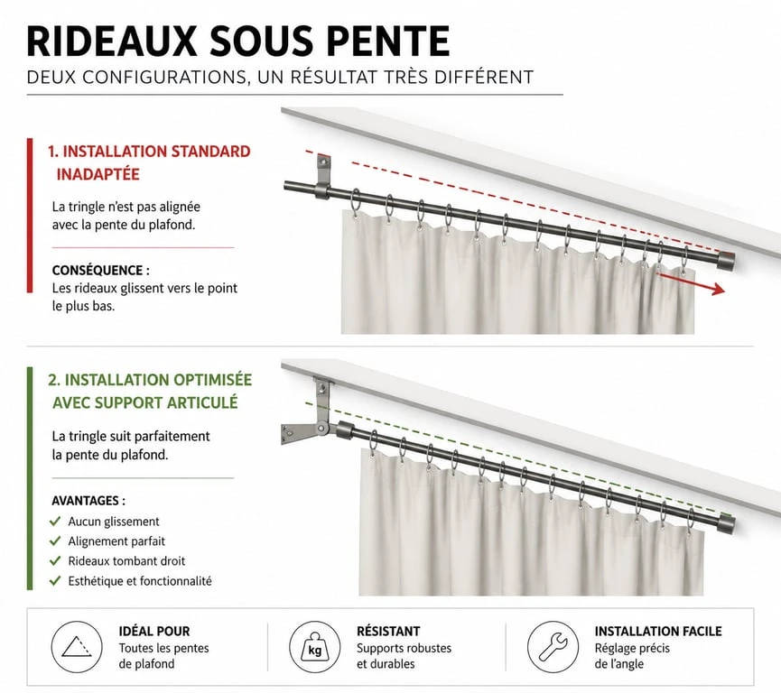 Schéma comparatif d'installation de tringle rideau sous pente