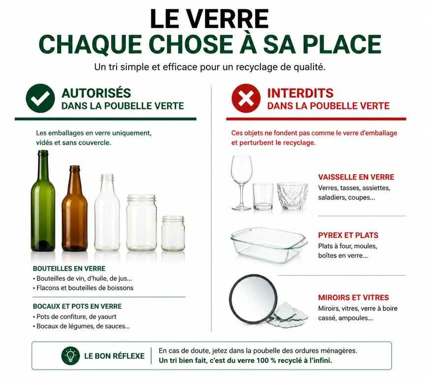Infographie récapitulative des déchets autorisés et interdits dans la poubelle verte pour le tri sélectif