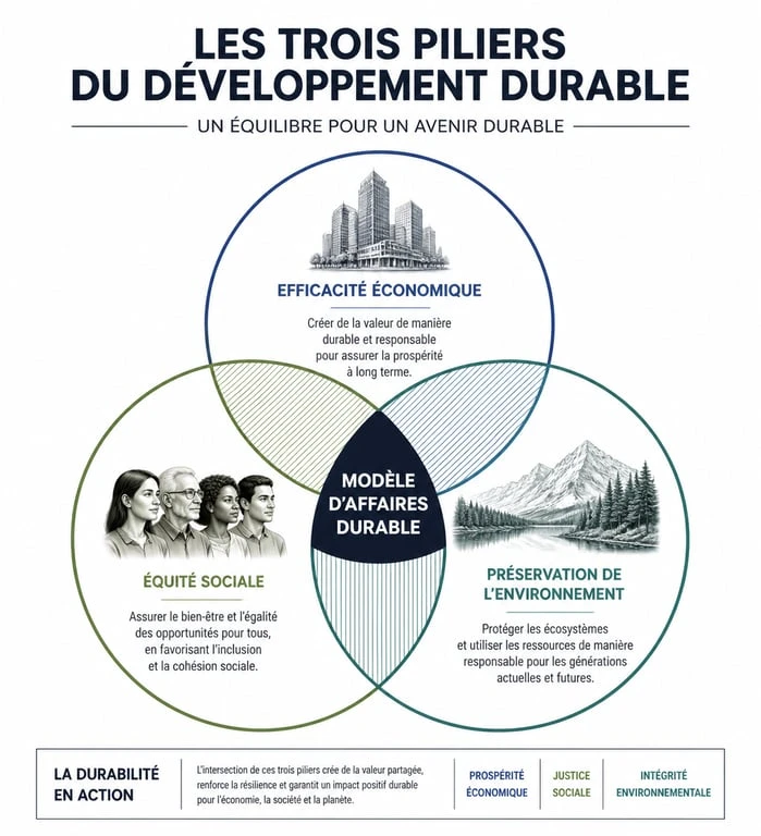 Infographie des trois piliers de l'entreprise du développement durable : économie, social et environnement