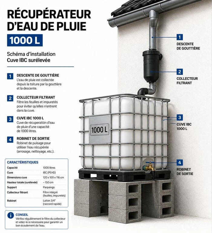 Schéma d'installation d'un récupérateur d'eau 1000l avec collecteur et cuve IBC