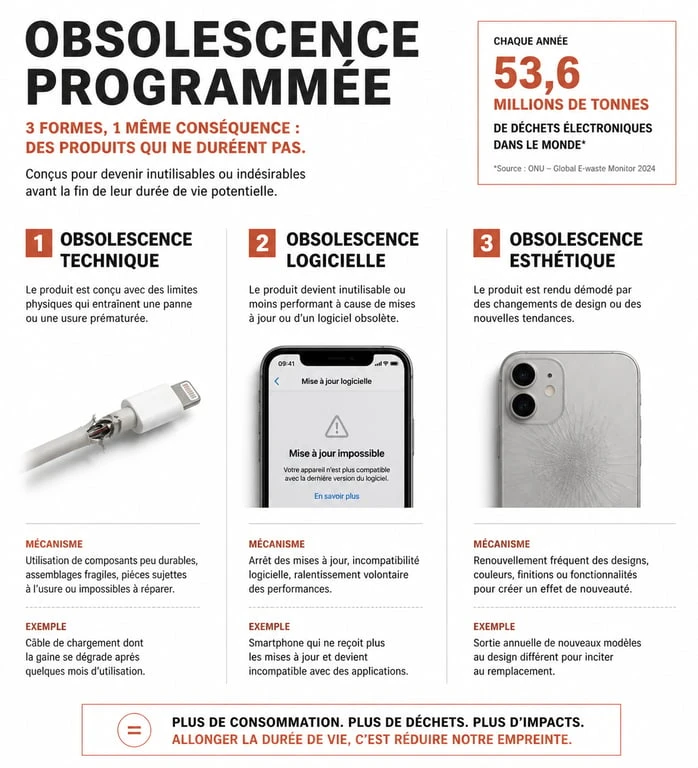 Infographie explicative des trois types d'obsolescence programmée : technique, logicielle et esthétique