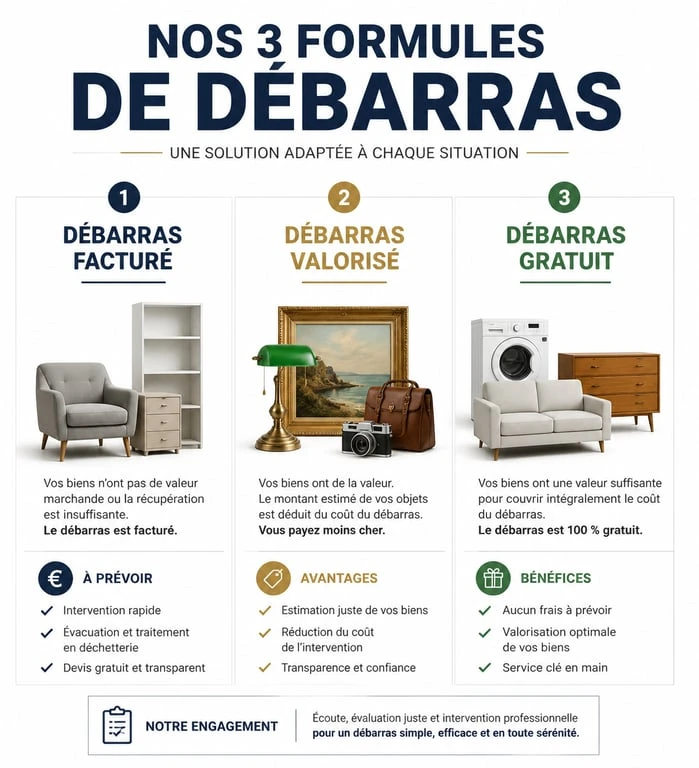 Infographie comparative des formules de débarras à Bordeaux : facturé, valorisé et gratuit.