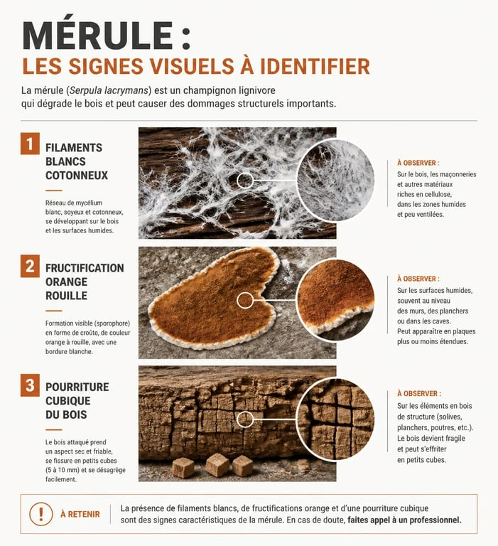 Signes visuels de la mérule : filaments, fructification et pourriture cubique