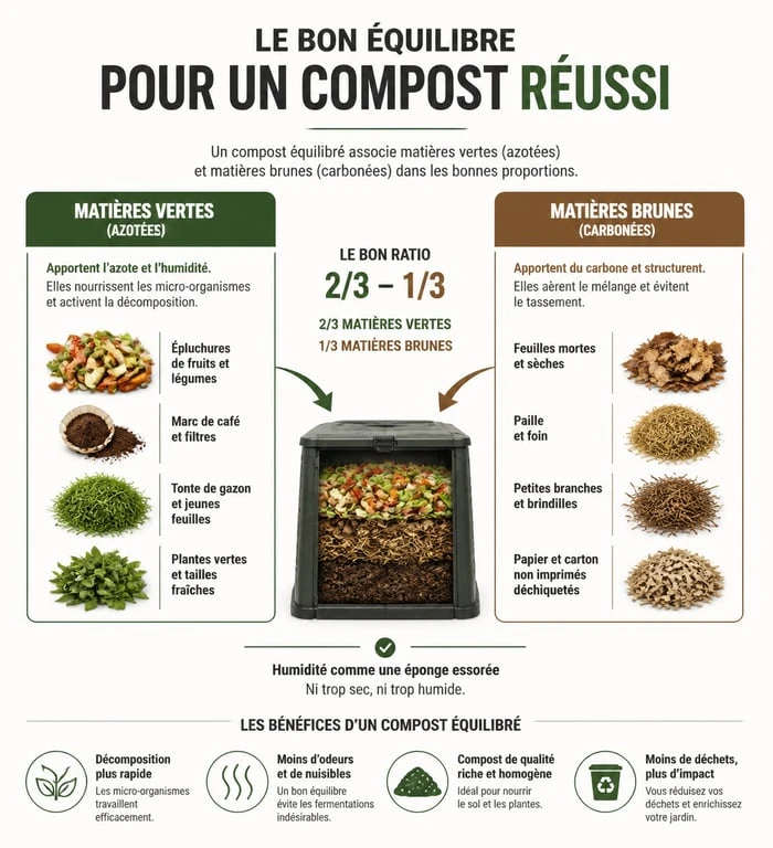 Infographie sur l'équilibre des matières vertes et brunes dans un composteur