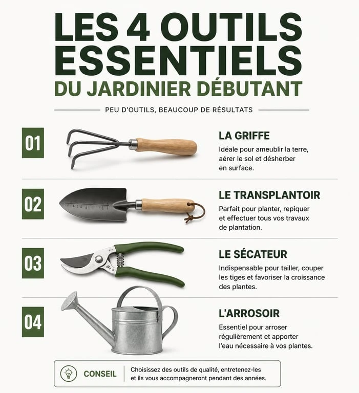 Les 4 outils essentiels pour devenir un jardinier facile et débuter sans effort au jardin.
