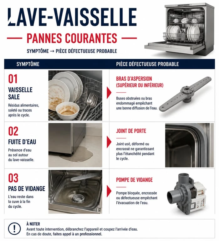 Infographie des pannes de lave-vaisselle et diagnostic des pièces défectueuses