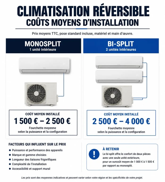Tableau comparatif des prix de pose de climatisation réversible Brico Dépôt