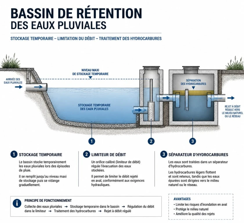 Schéma de fonctionnement d'un bassin de rétention des eaux pluviales