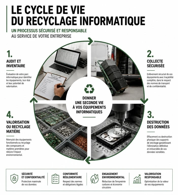 Infographie du cycle de vie du recyclage matériel informatique professionnel en entreprise