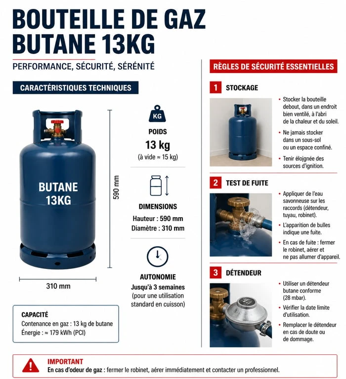 Infographie des caractéristiques et règles de sécurité pour bouteille de gaz gris 13kg