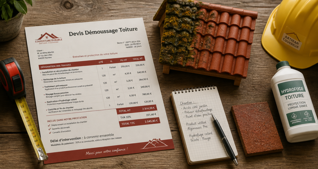 exemple devis démoussage toiture sur bureau artisan