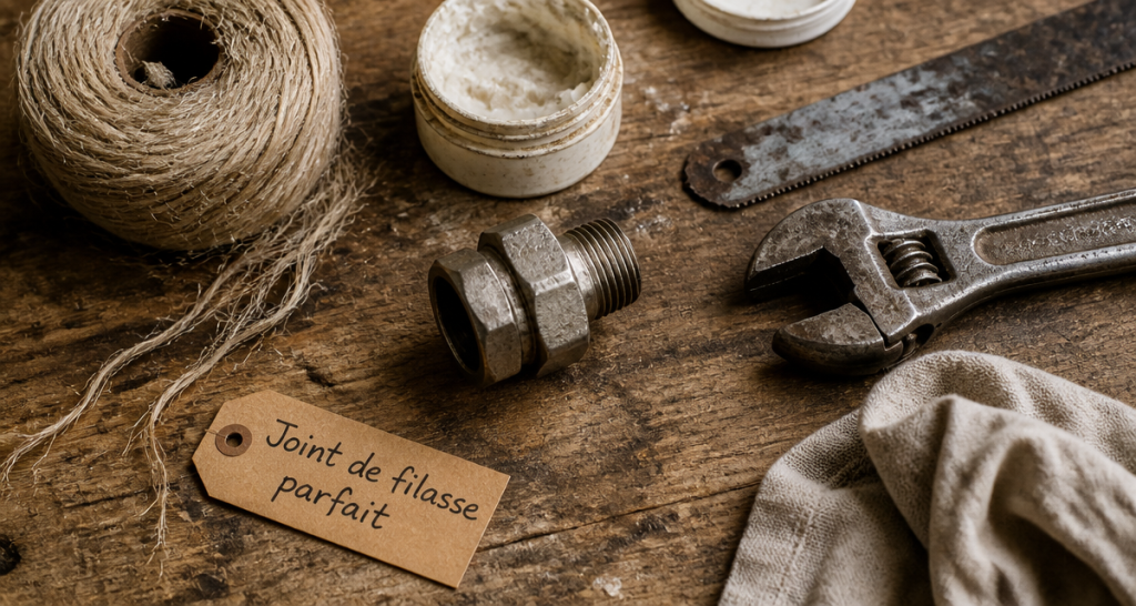Filasse plomberie, outils et joint sur établi