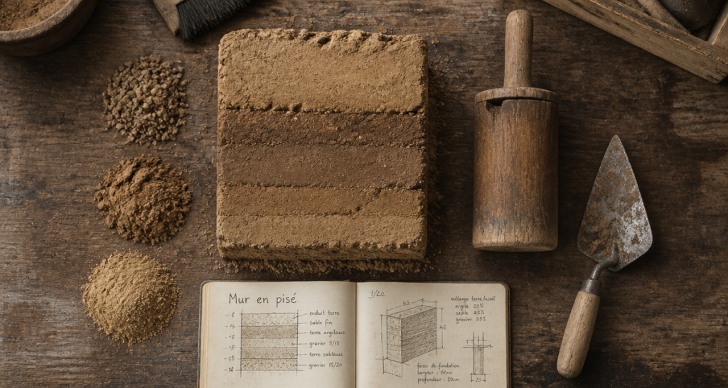 mur en pisé échantillon outils artisan
