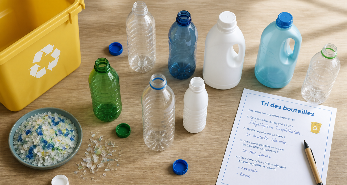 Tri bouteille plastique sur plan de travail avec bac jaune et quiz