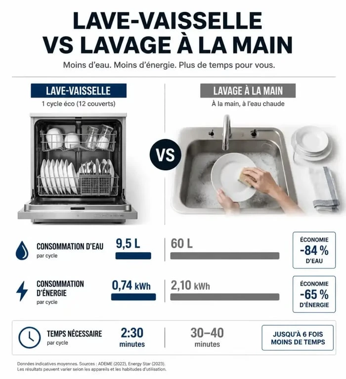 Comparaison consommation eau et énergie lave-vaisselle vs lavage à la main