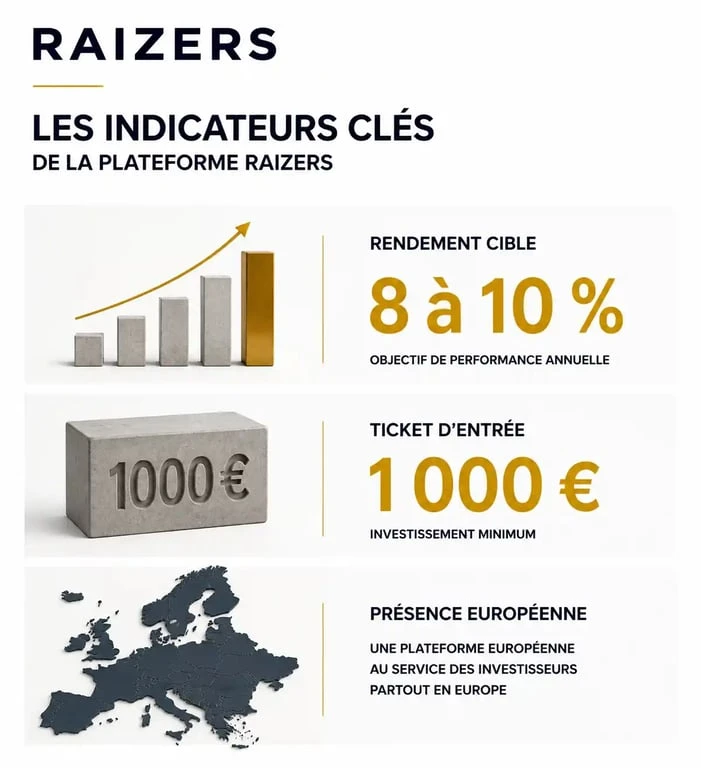 Infographie des indicateurs clés et performances de la plateforme Raizers pour les investisseurs
