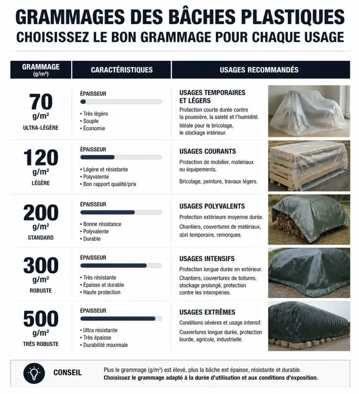 Infographie comparative des grammages de bâche plastique et leurs usages recommandés