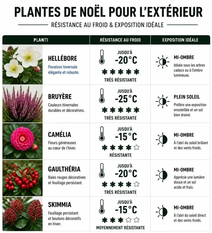 Infographie comparative des meilleures plantes de Noël pour l'extérieur et leur résistance au froid