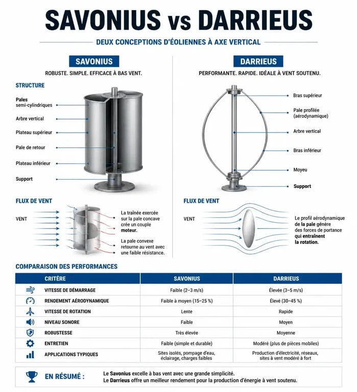 Infographie comparative des éoliennes verticales Savonius et Darrieus pour la production d'énergie domestique