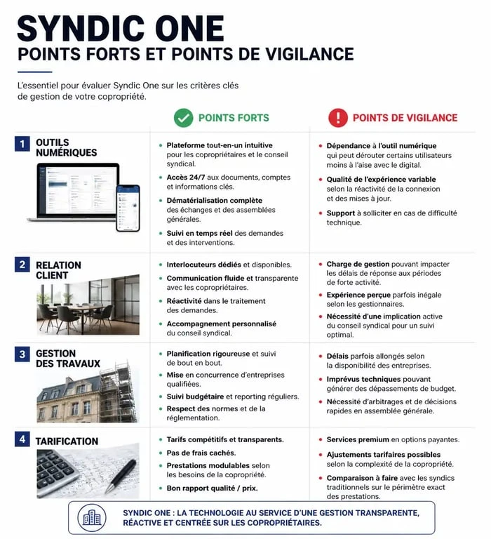 Tableau comparatif des avis sur Syndic One : points forts et points de vigilance pour la gestion de copropriété.
