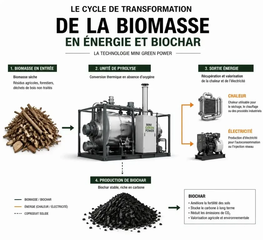 Schéma du fonctionnement d'une centrale biomasse Mini Green Power pour la décarbonation industrielle