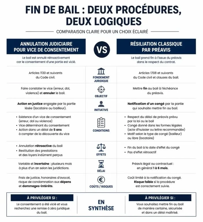 Infographie comparant l'annulation et la résiliation d'un bail de location pour comprendre le délai de rétractation bail.