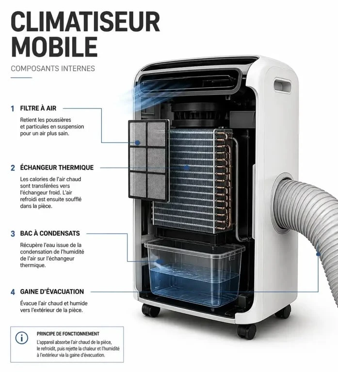 Schéma des composants à vérifier pour la réparation d'un climatiseur mobile