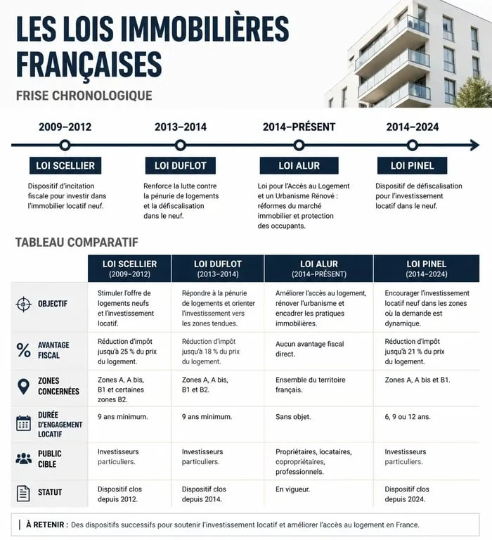 Tableau comparatif des lois immobilières françaises : Duflot, ALUR, Pinel et Scellier pour comprendre la loi Duflot en 4 lettres.