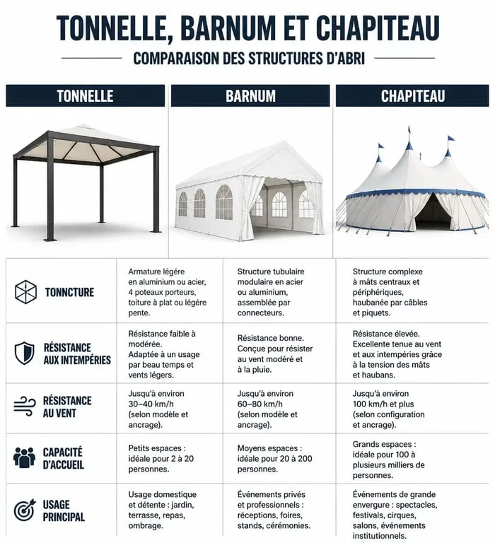 Comparatif visuel des différences entre une tonnelle, un barnum et un chapiteau pour bien choisir son abri.