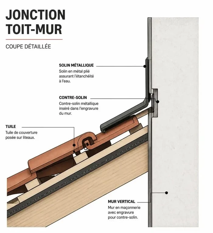 Schéma technique d'une jonction toit-mur avec solin et contre-solin pour une étanchéité optimale